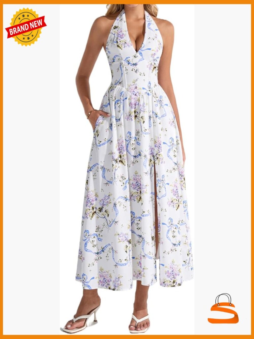 Women's Floral Halter Corset Maxi Dress A-Line Flowy Tea Party with Pockets